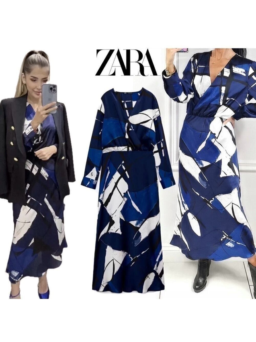 Zara abstract blue black white long sleeve faux wrap A-line midi dress XS NWOT